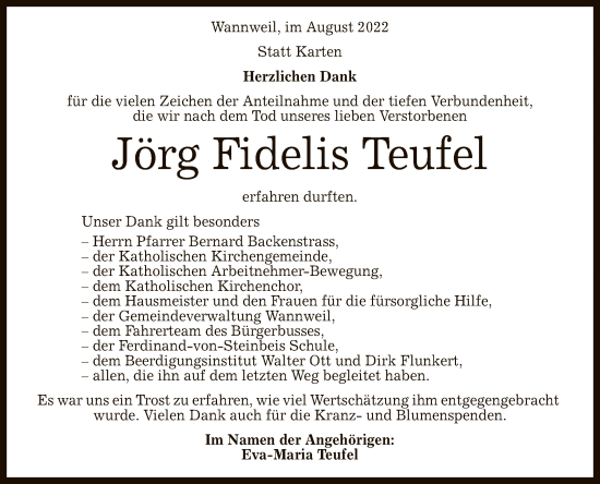 Anzeige von Jörg Fidelis Teufel von Reutlinger General-Anzeiger