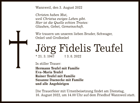 Anzeige von Jörg Fidelis Teufel von Reutlinger General-Anzeiger