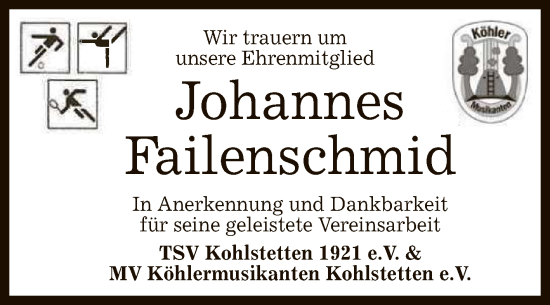Anzeige von Johannes Failenschmid von Reutlinger General-Anzeiger