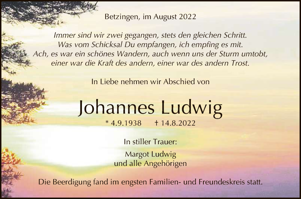  Traueranzeige für Johannes Ludwig vom 27.08.2022 aus Reutlinger General-Anzeiger
