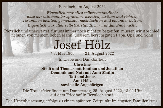 Anzeige von Josef Hölz von Reutlinger General-Anzeiger