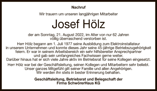 Anzeige von Josef Hölz von Reutlinger General-Anzeiger