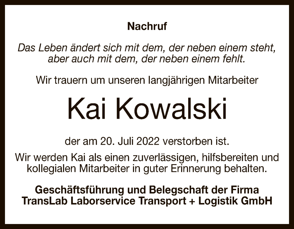  Traueranzeige für Kai Kowalski vom 06.08.2022 aus Reutlinger General-Anzeiger