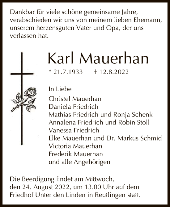 Anzeige von Karl Mauerhan von Reutlinger General-Anzeiger