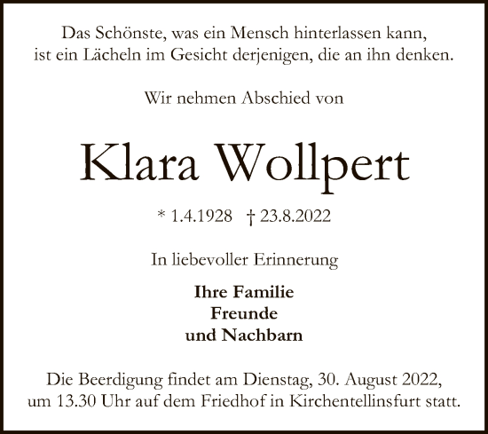 Anzeige von Klara Wollpert von Reutlinger General-Anzeiger