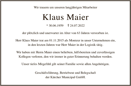 Anzeige von Klaus Maier von Reutlinger General-Anzeiger