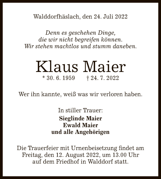 Anzeige von Klaus Maier von Reutlinger General-Anzeiger