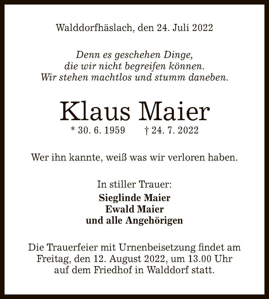  Traueranzeige für Klaus Maier vom 06.08.2022 aus Reutlinger General-Anzeiger