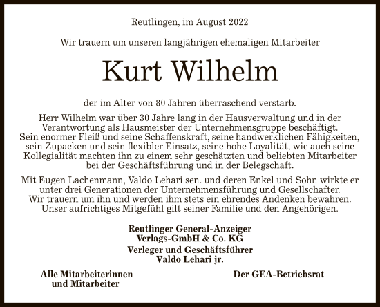 Anzeige von Kurt Wilhelm von Reutlinger General-Anzeiger