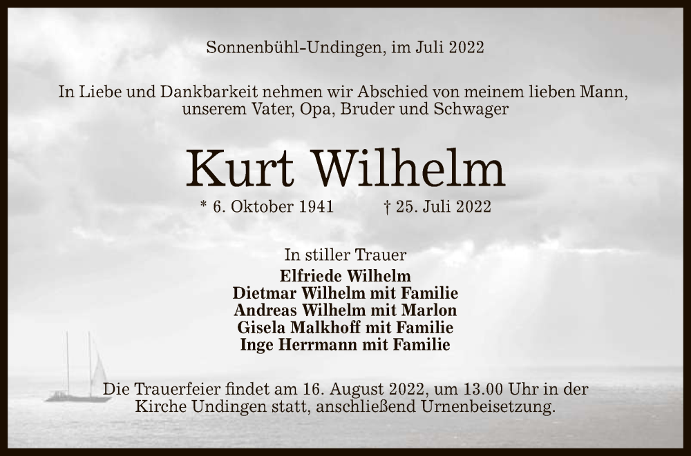  Traueranzeige für Kurt Wilhelm vom 06.08.2022 aus Reutlinger General-Anzeiger