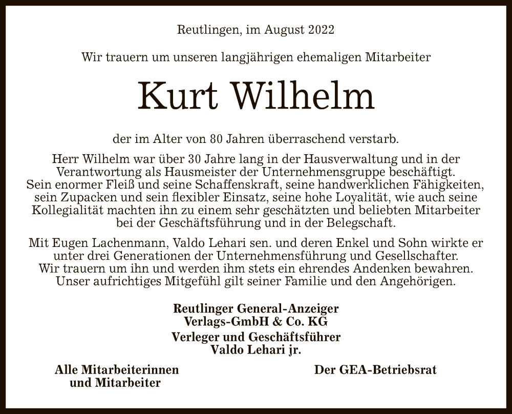  Traueranzeige für Kurt Wilhelm vom 06.08.2022 aus Reutlinger General-Anzeiger