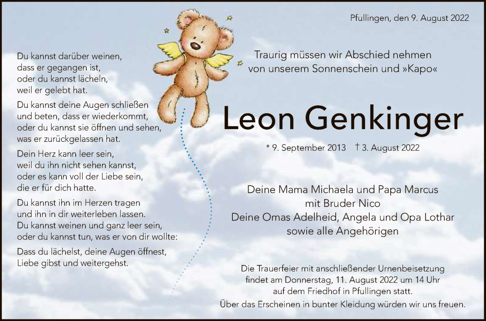  Traueranzeige für Leon Genkinger vom 09.08.2022 aus Reutlinger General-Anzeiger