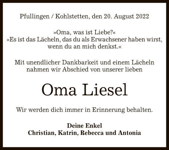 Anzeige von Liesel  von Reutlinger General-Anzeiger