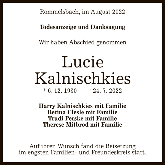 Anzeige von Lucie Kalnischkies von Reutlinger General-Anzeiger