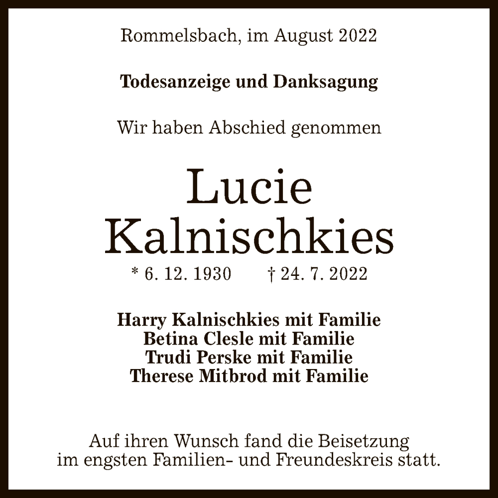  Traueranzeige für Lucie Kalnischkies vom 13.08.2022 aus Reutlinger General-Anzeiger