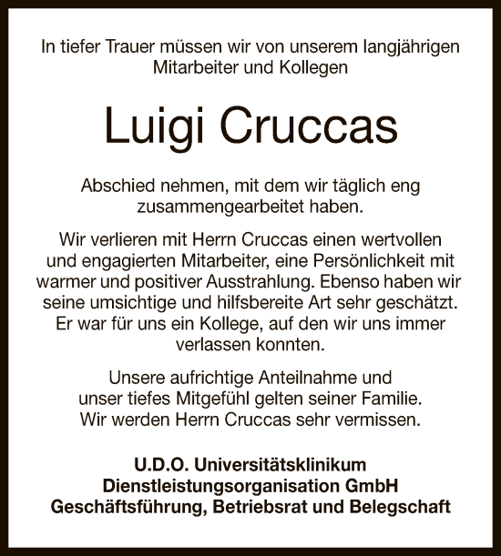 Anzeige von Luigi Cruccas von Reutlinger General-Anzeiger