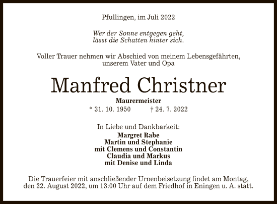Anzeige von Manfred Christner von Reutlinger General-Anzeiger