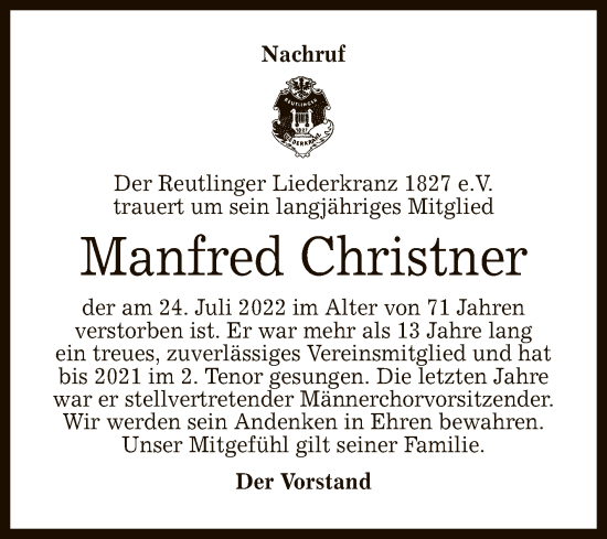 Anzeige von Manfred Christner von Reutlinger General-Anzeiger