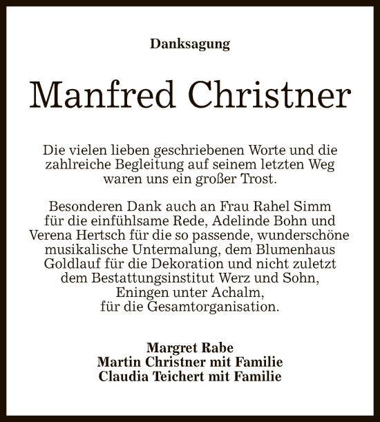 Anzeige von Manfred Christner von Reutlinger General-Anzeiger