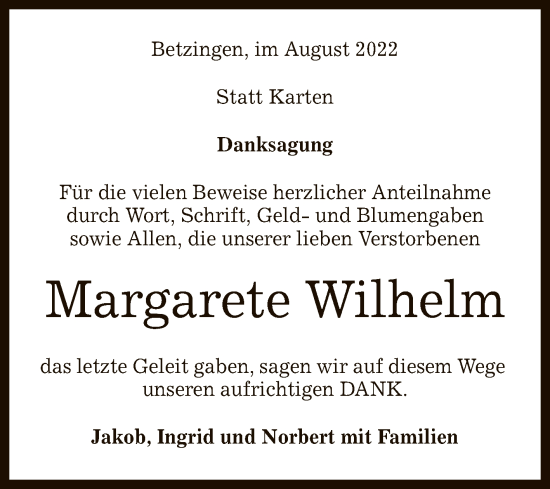 Anzeige von Margarete Wilhelm von Reutlinger General-Anzeiger
