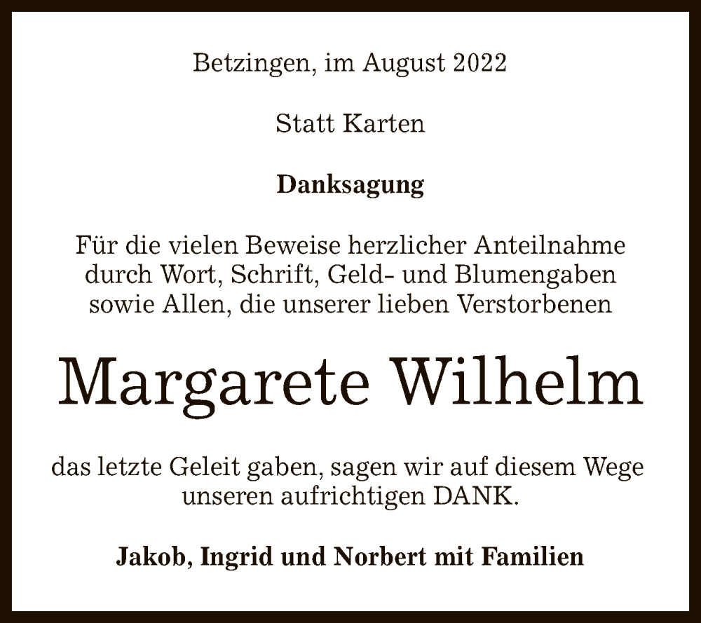  Traueranzeige für Margarete Wilhelm vom 11.08.2022 aus Reutlinger General-Anzeiger