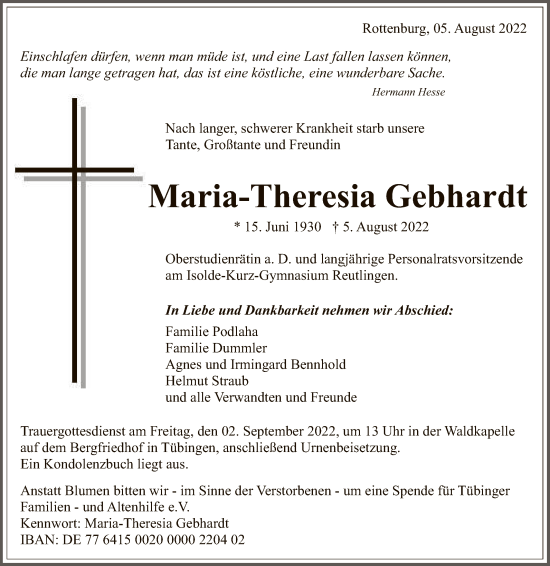 Anzeige von Maria-Theresia Gebhardt von Reutlinger General-Anzeiger