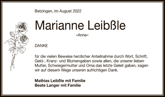 Anzeige von Marianne Leibßle von Reutlinger General-Anzeiger