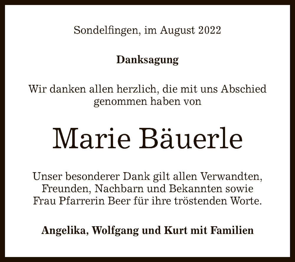  Traueranzeige für Marie Bäuerle vom 13.08.2022 aus Reutlinger General-Anzeiger