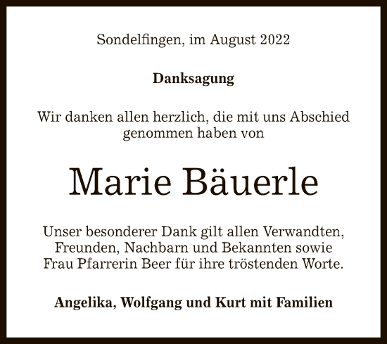 Anzeige von Marie Bäuerle von Reutlinger General-Anzeiger