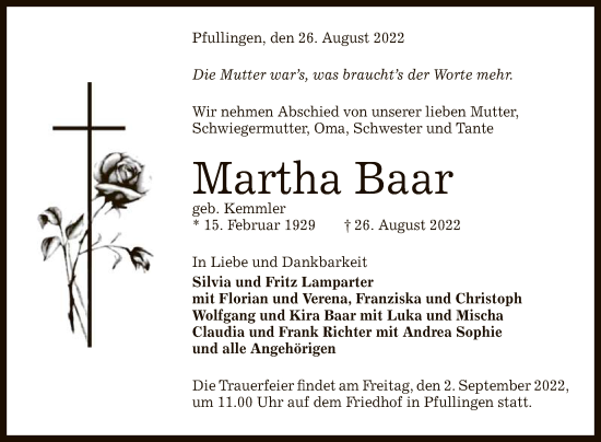 Anzeige von Martha Baar von Reutlinger General-Anzeiger