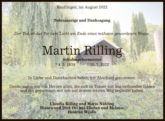 Anzeige von Martin Rilling von Reutlinger General-Anzeiger