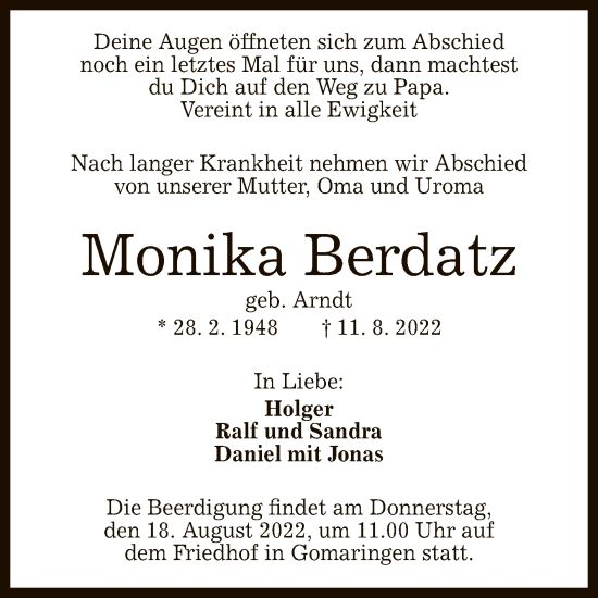 Anzeige von Monika Berdatz von Reutlinger General-Anzeiger