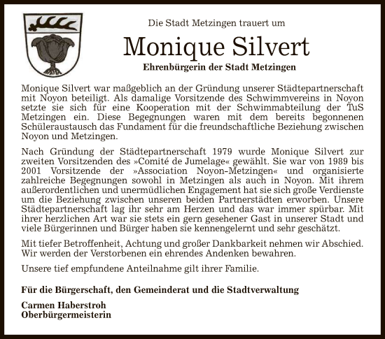 Anzeige von Monique Silvert von Reutlinger General-Anzeiger