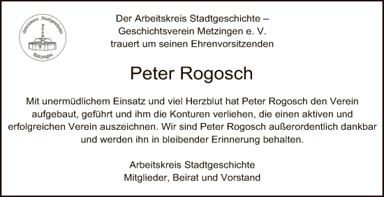 Anzeige von Peter Rogosch von Reutlinger General-Anzeiger