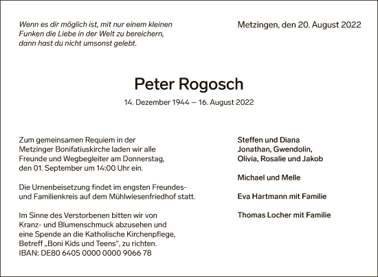 Anzeige von Peter Rogosch von Reutlinger General-Anzeiger