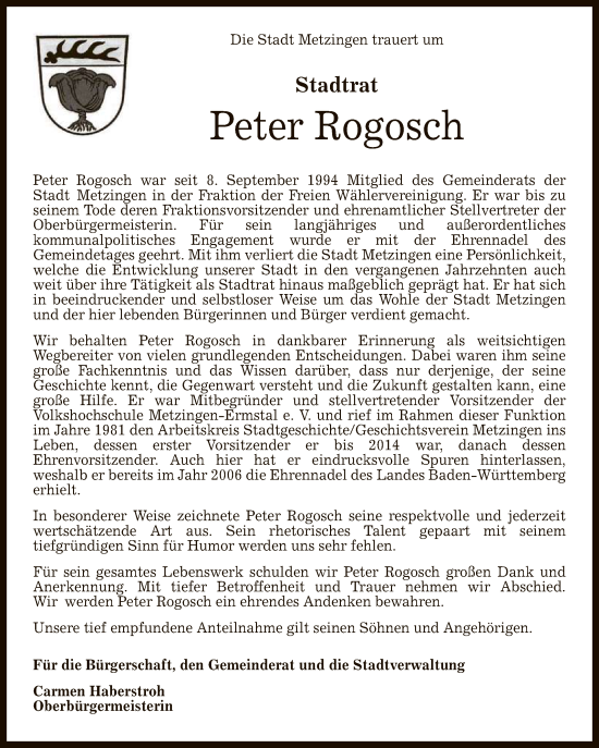 Anzeige von Peter Rogosch von Reutlinger General-Anzeiger