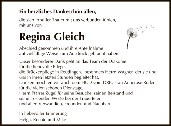 Anzeige von Regina Gleich von Reutlinger General-Anzeiger