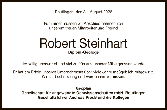 Anzeige von Robert Steinhart von Reutlinger General-Anzeiger