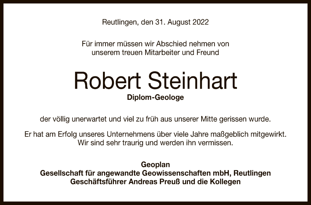  Traueranzeige für Robert Steinhart vom 31.08.2022 aus Reutlinger General-Anzeiger