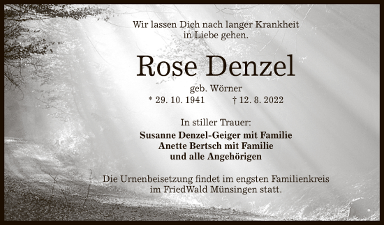 Anzeige von Rose Denzel von Reutlinger General-Anzeiger