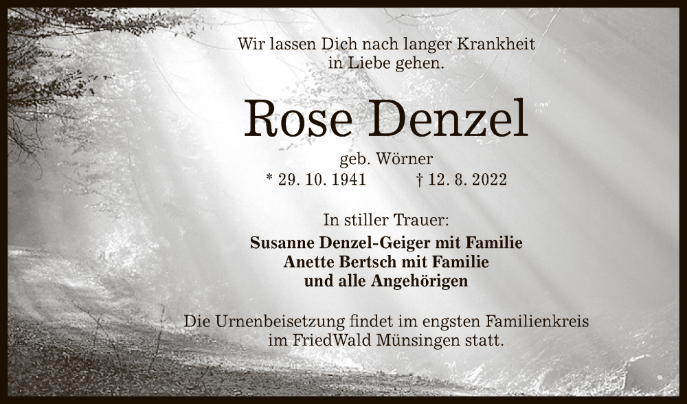  Traueranzeige für Rose Denzel vom 25.08.2022 aus Reutlinger General-Anzeiger
