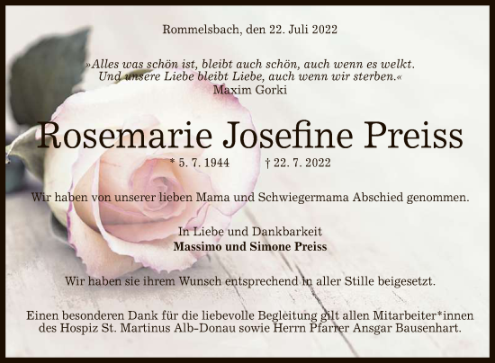 Anzeige von Rosemarie Josefine Preiss von Reutlinger General-Anzeiger