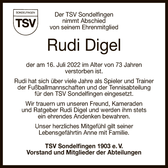 Anzeige von Rudi Digel von Reutlinger General-Anzeiger