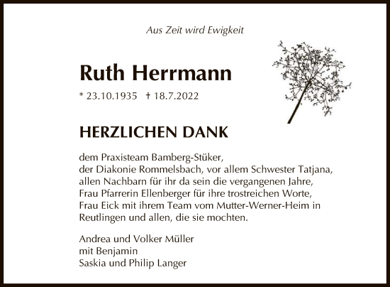 Anzeige von Ruth Herrmann von Reutlinger General-Anzeiger