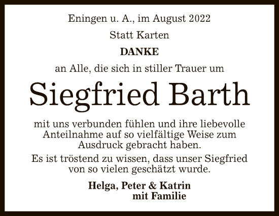 Anzeige von Siegfried Barth von Reutlinger General-Anzeiger