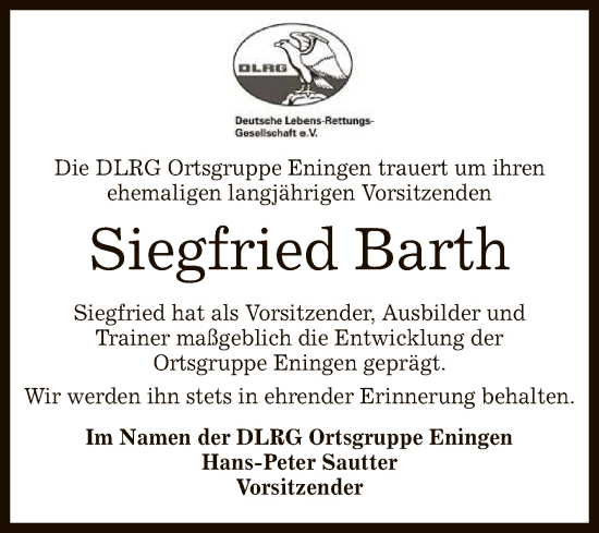Anzeige von Siegfried Barth von Reutlinger General-Anzeiger