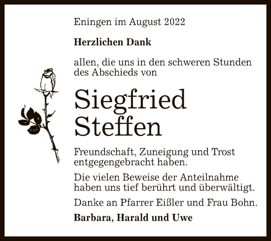 Anzeige von Siegfried Steffen von Reutlinger General-Anzeiger
