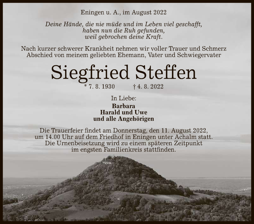  Traueranzeige für Siegfried Steffen vom 06.08.2022 aus Reutlinger General-Anzeiger