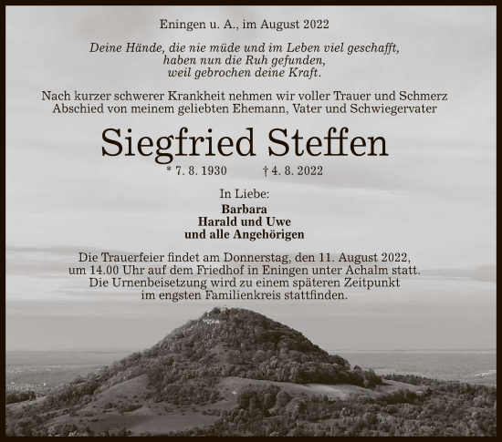 Anzeige von Siegfried Steffen von Reutlinger General-Anzeiger