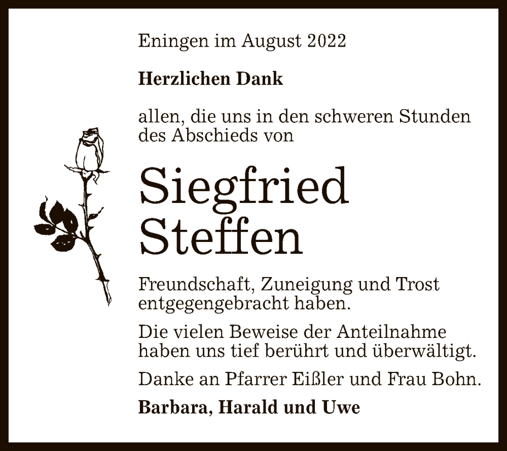  Traueranzeige für Siegfried Steffen vom 27.08.2022 aus Reutlinger General-Anzeiger